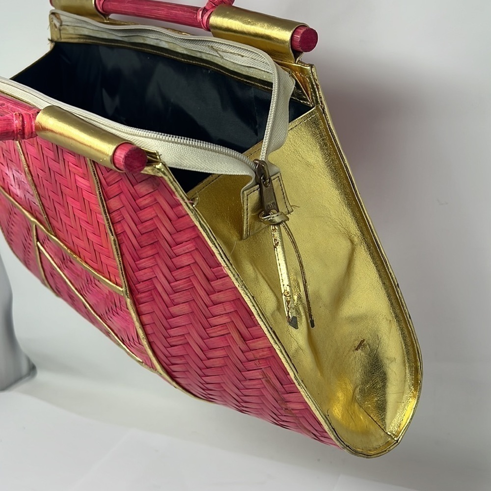 Pink Rattan Gold Lame Leather Zip Large Structured Handbag - Picture 16 of 16